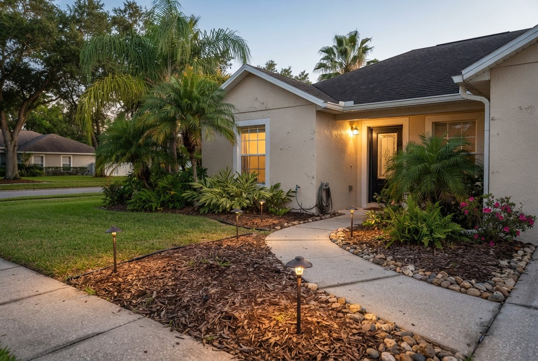 Outdoor landscape lighting fixtures flickering at dusk in a Florida backyard garden bed.