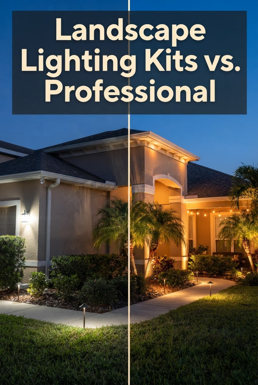 A Florida backyard at dusk with path lights and uplighting in garden beds, illustrating landscape lighting design.