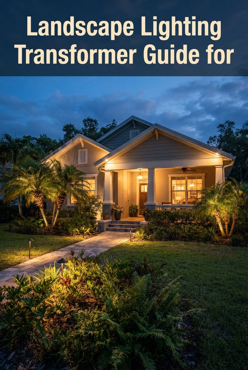 Low-voltage landscape lighting transformer mounted on exterior wall near garden bed with pathway lights in Florida