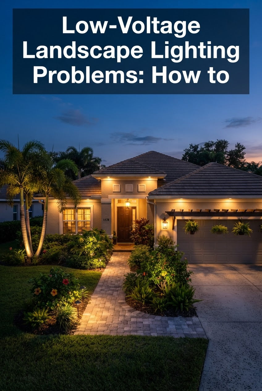 Florida home with low-voltage landscape lighting showing common installation issues like uneven spacing and poor placement