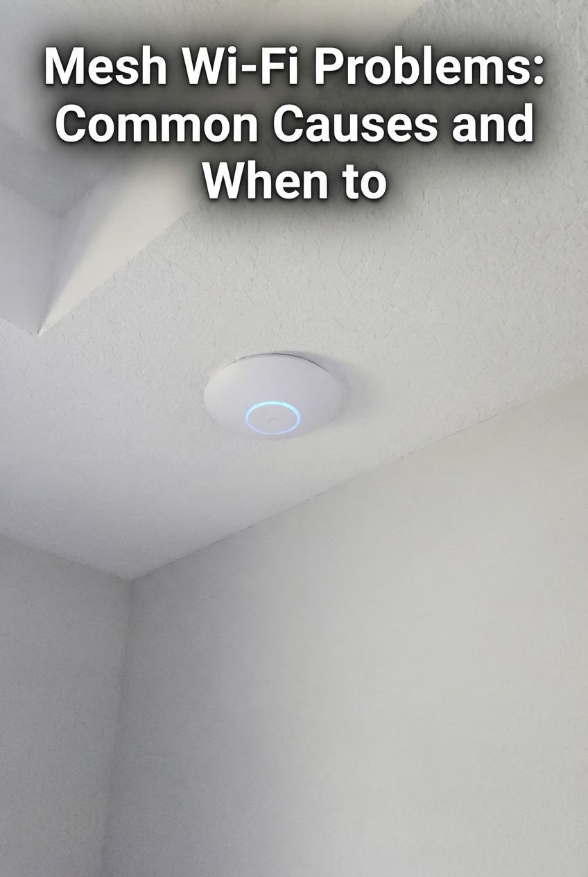 A Florida home office with a mesh Wi-Fi router blinking red lights, indicating connectivity issues, while a laptop shows a