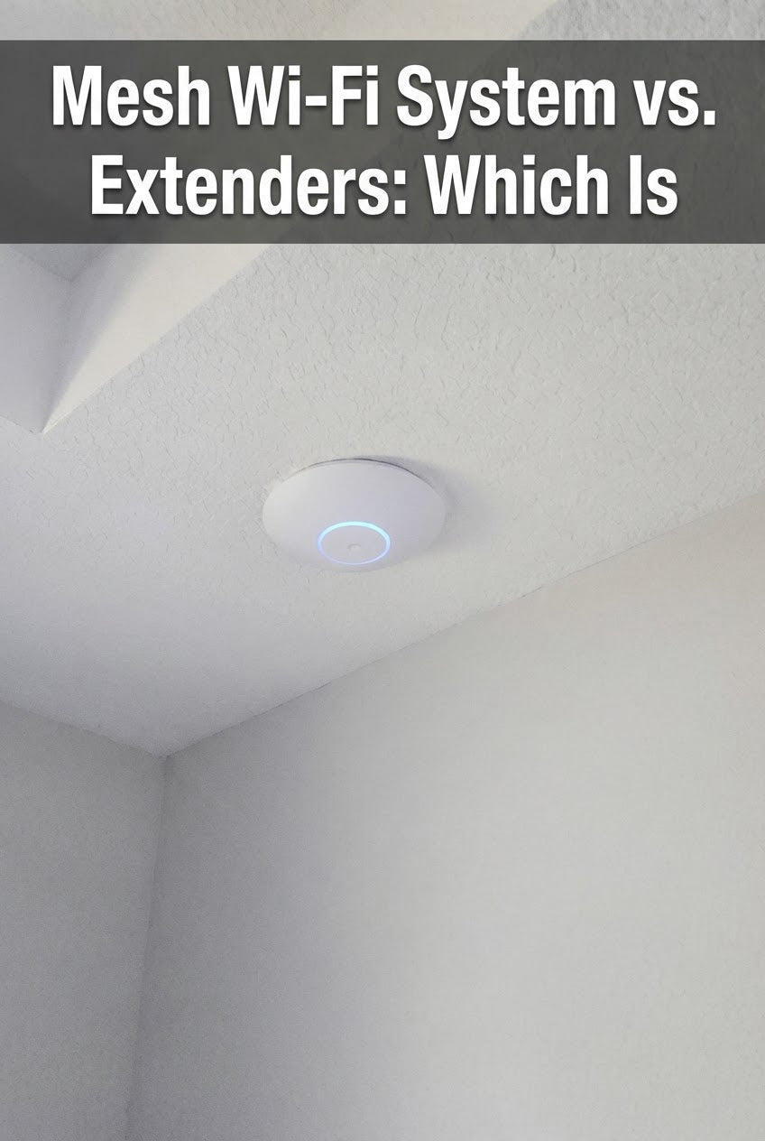 A mesh Wi-Fi router and satellite node installed on a shelf in a Florida living room.