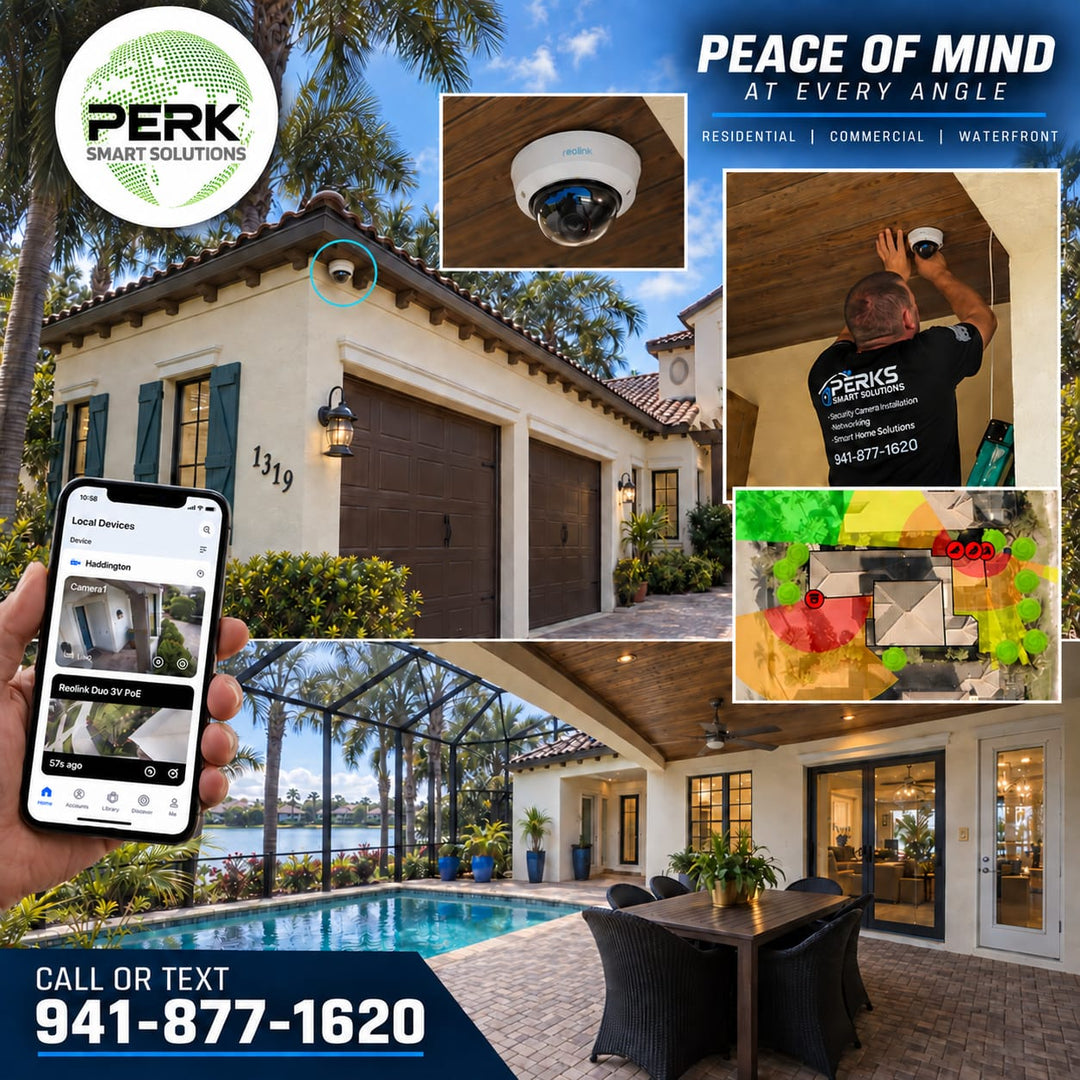 Perks Smart Solutions security camera installation in Bradenton Florida — four cameras, zero visible wires, peace of mind at every angle