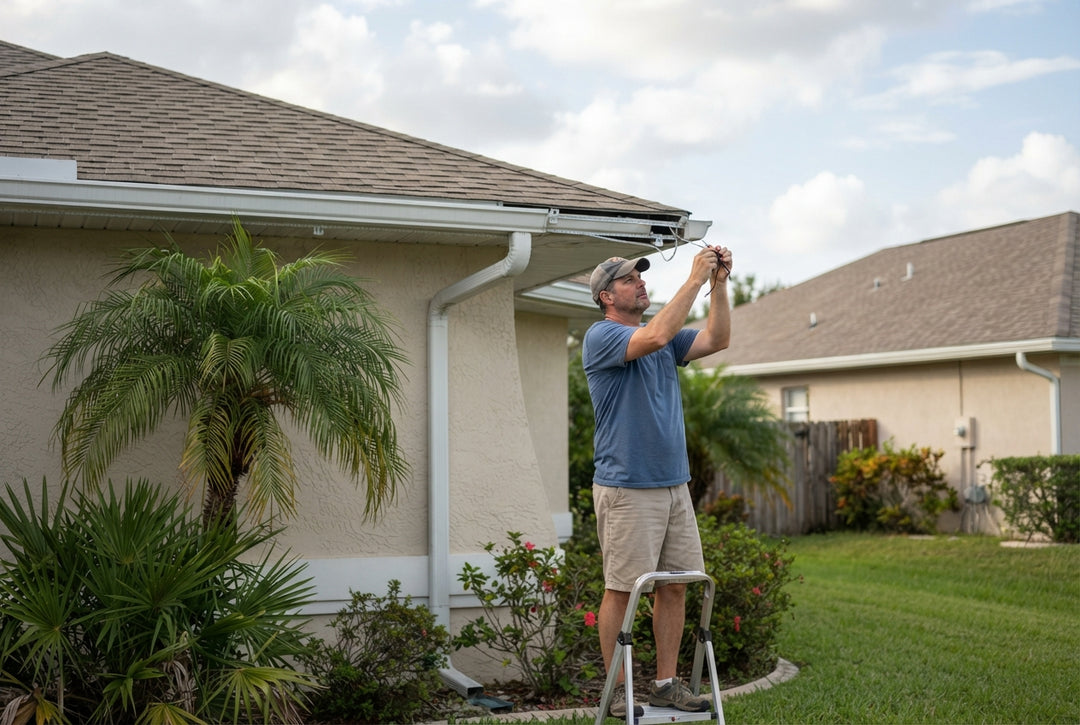 Florida home with permanent outdoor lighting on soffit showing storm damage to wiring and fixtures
