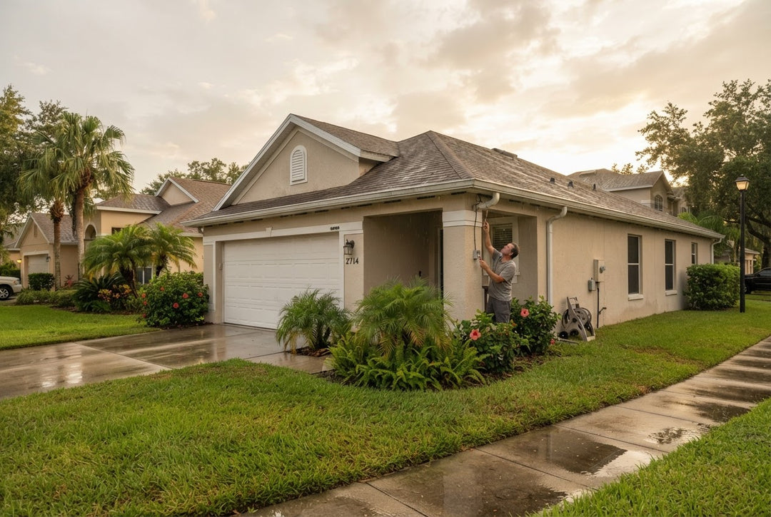 Florida home with permanent outdoor lighting along the roofline after a thunderstorm, showing potential electrical issues.