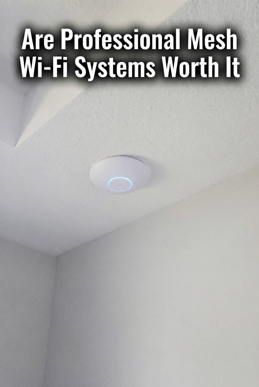 A professional mesh Wi-Fi router and satellite node installed in a Florida home office, with a laptop connected.