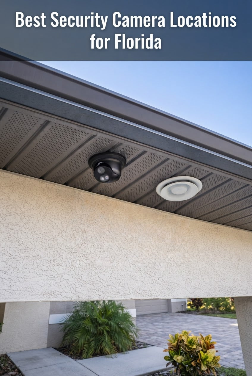 Security camera mounted under a soffit on a Florida home exterior, protecting it from rain and fog during storm season.