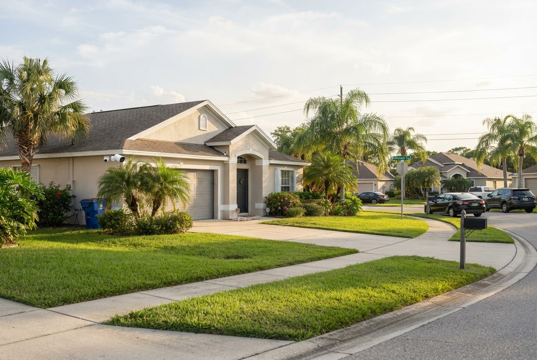 A Florida home with a security camera mounted near the front door, enhancing curb appeal and safety.