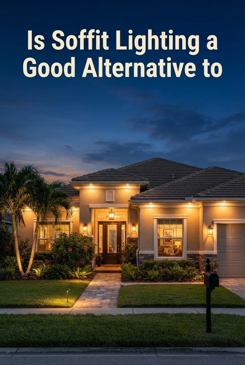 Florida home with permanent soffit lighting installed along the roofline, providing year-round illumination.