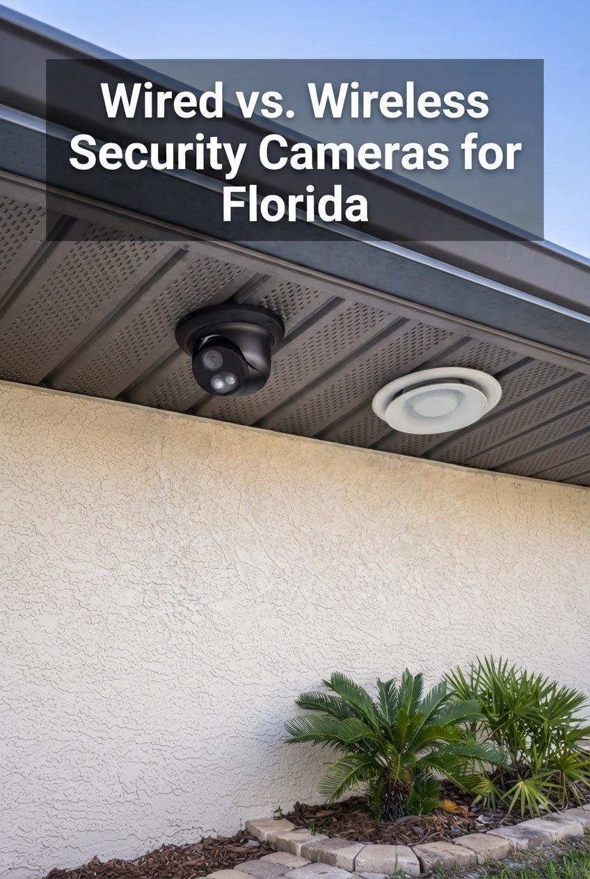 Wired and wireless security cameras installed on a Florida home exterior during stormy weather