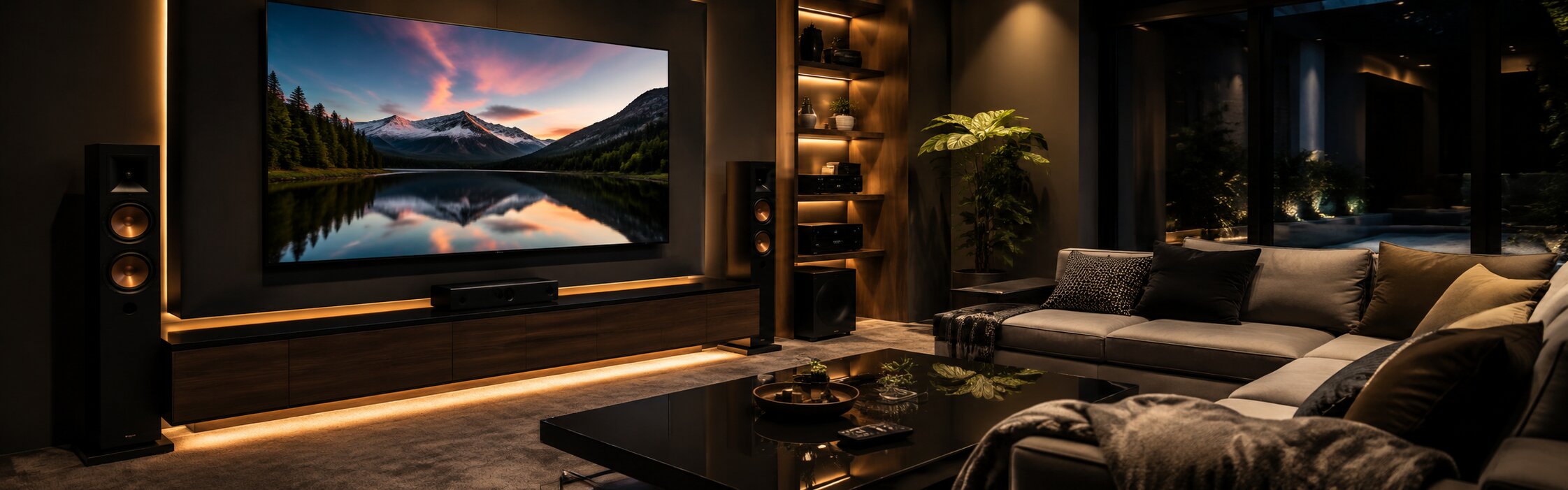 A modern home theater interior with a large wall-mounted screen displaying a mountain lake landscape, flanked by tall floor speakers. The room includes warm ambient lighting, built-in shelving, a sectional sofa, and a dark coffee table.